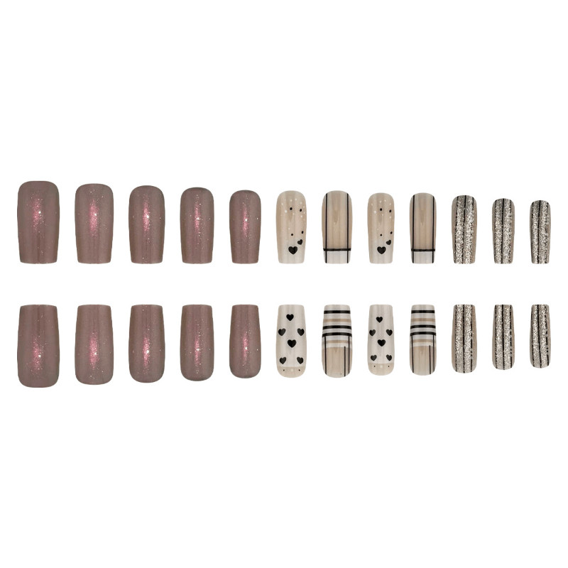 48pcs Medium Square Nude Silver Glitter Stripe Heart Minimalist Press on Nails