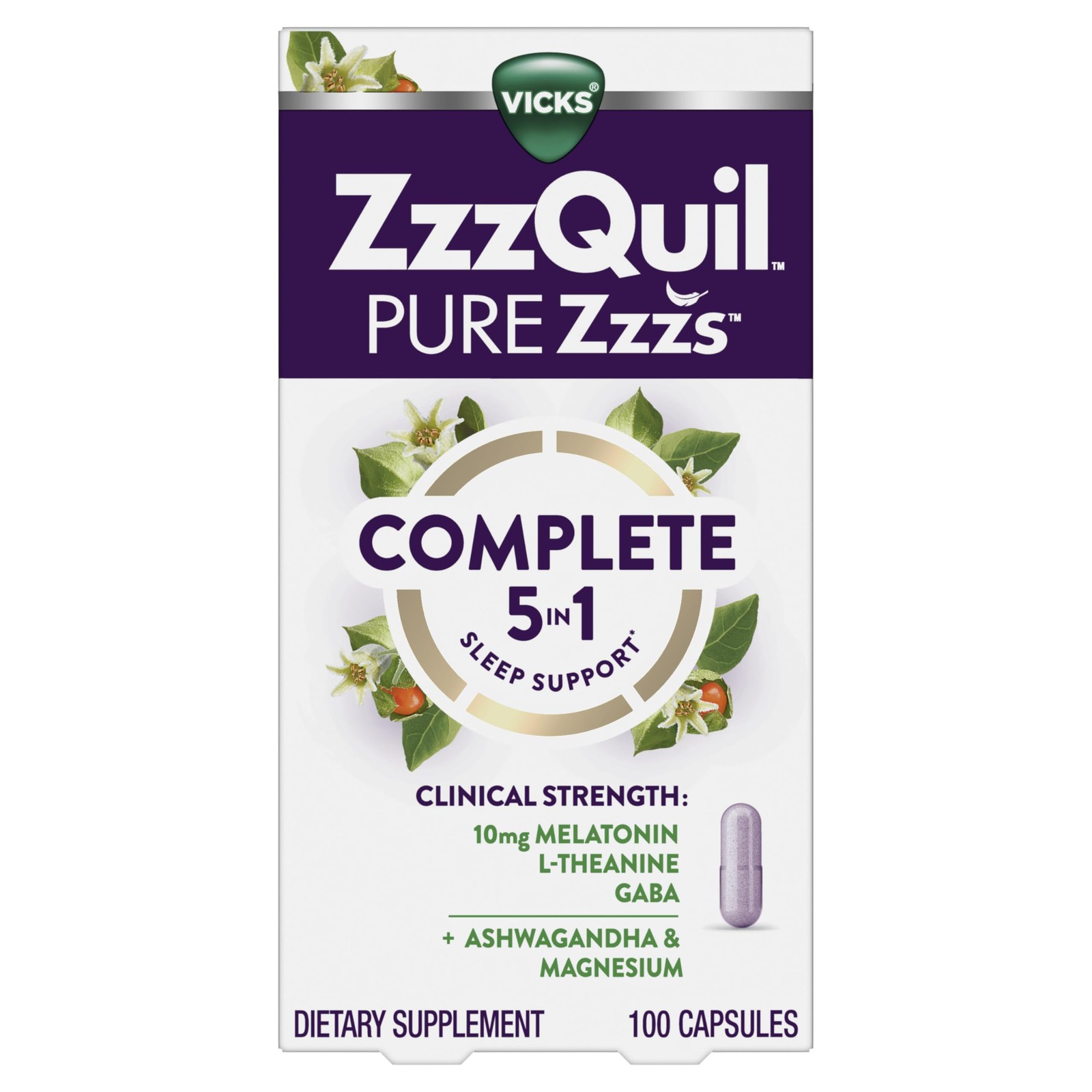 ZzzQuil Pure Zzzs Complete Sleep, Melatonin 100 Count (Pack of 1), White