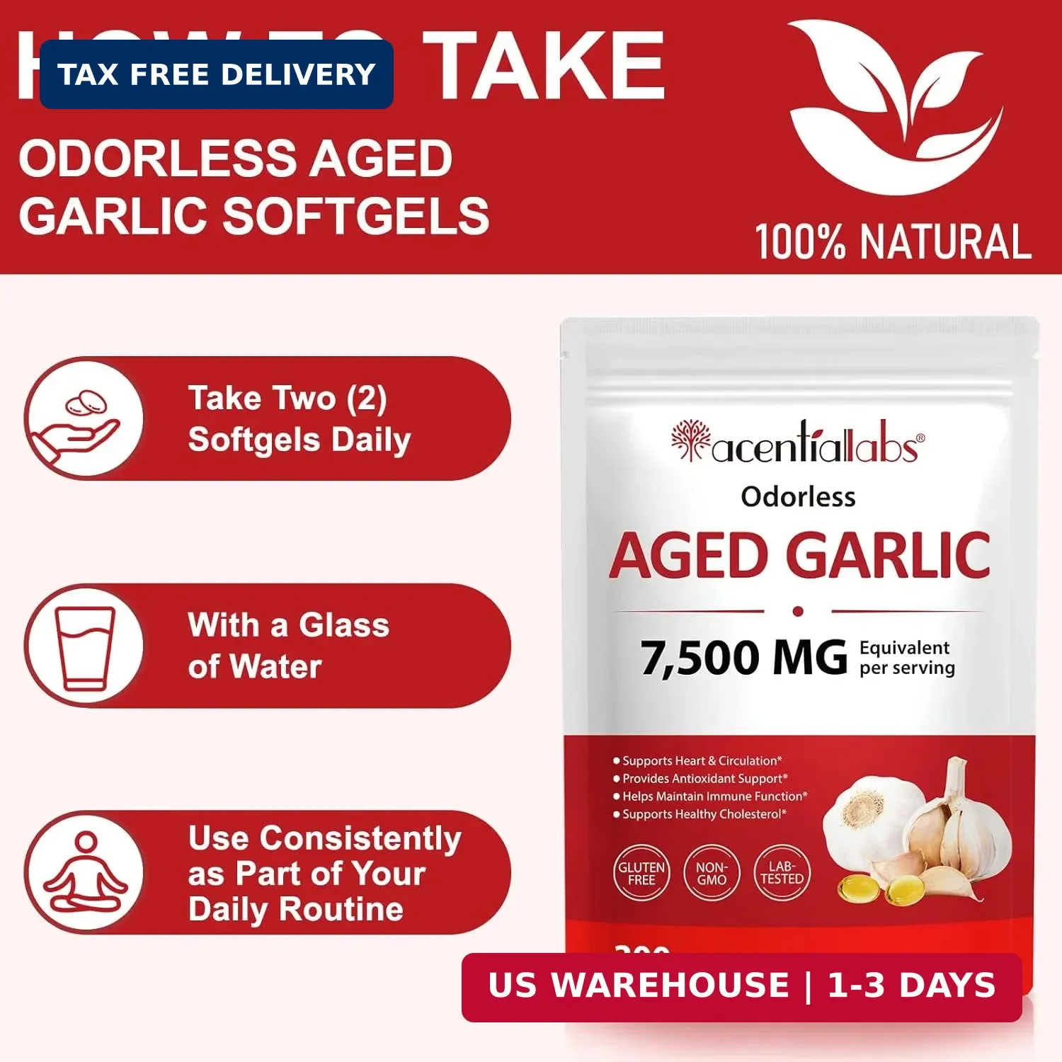 Odorless Garlic 7500Mg per Servings, 300 Softgels | 2 Years Aged Garlic Extra…
