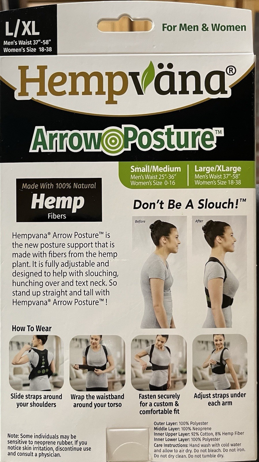 Hempvana Arrow Posture – Fully Adjustable Posture Support Adult L/XL- Men Women