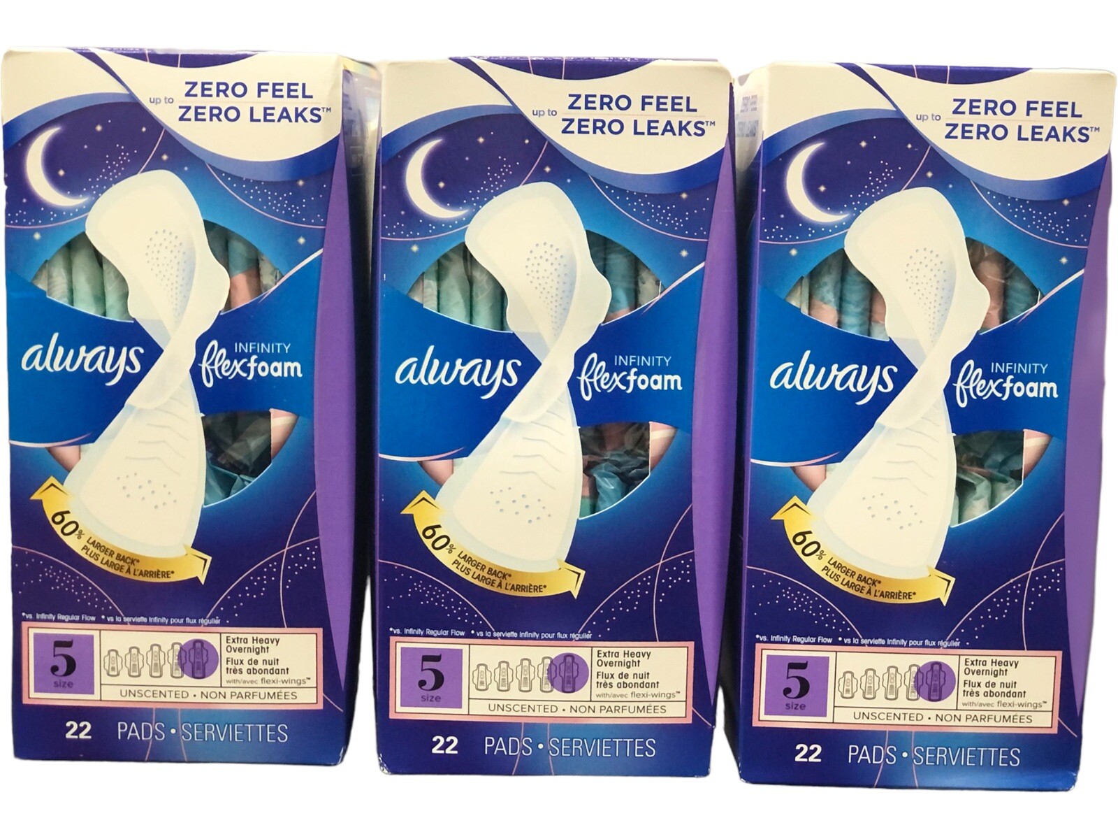 3 Pack Always Infinity FlexFoam Pads Size 5 Extra Heavy Overnight Absorb. 22 Eac