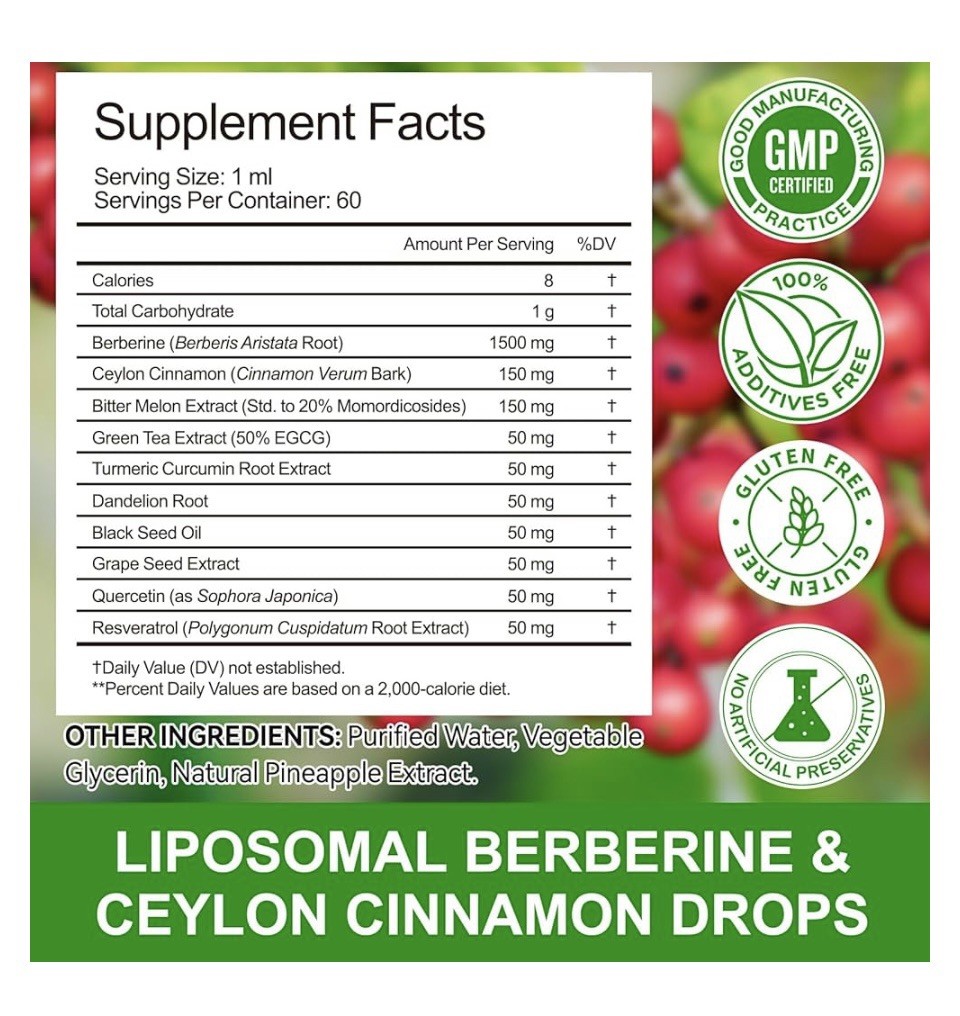 Berberine Supplement Liquid 60ml, Berberine with Ceylon Cinnamon 1500mg