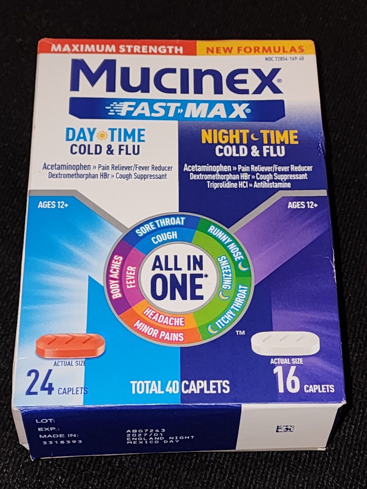Mucinex Day & Night Time Cold & Flu All In One 40 Caplets Each EXP 02/27