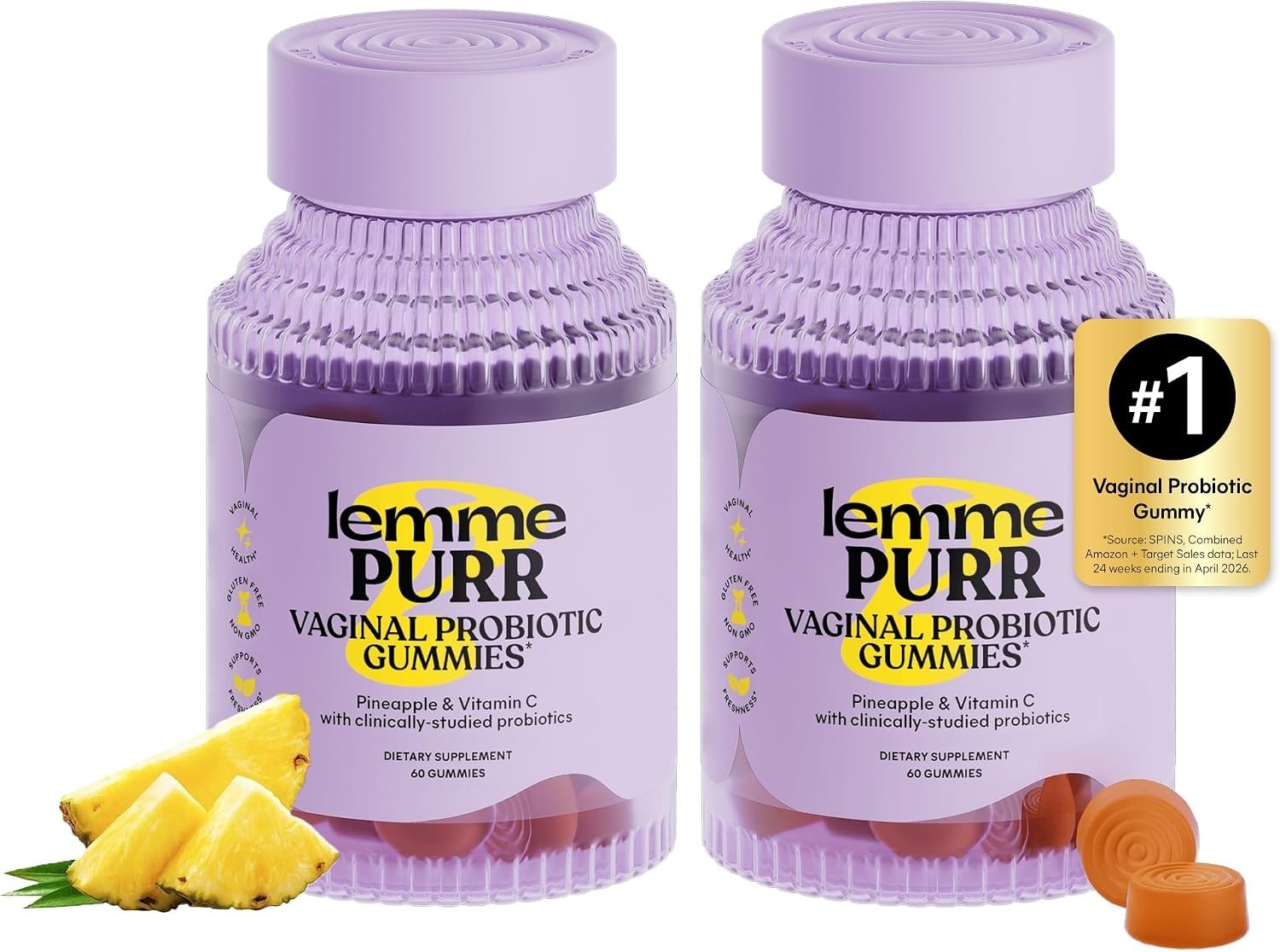 Lemme Purr Vaginal Probiotic Gummies – 2-Pack (120 Gummies), Pineapple, pH & Yea