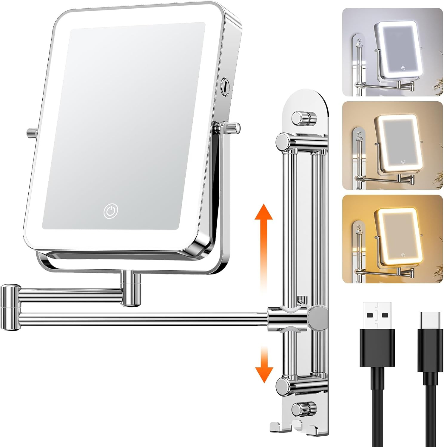 Height Adjustable Wall Mounted Lighted Makeup Mirror with Hooks 3000Mah Recharg