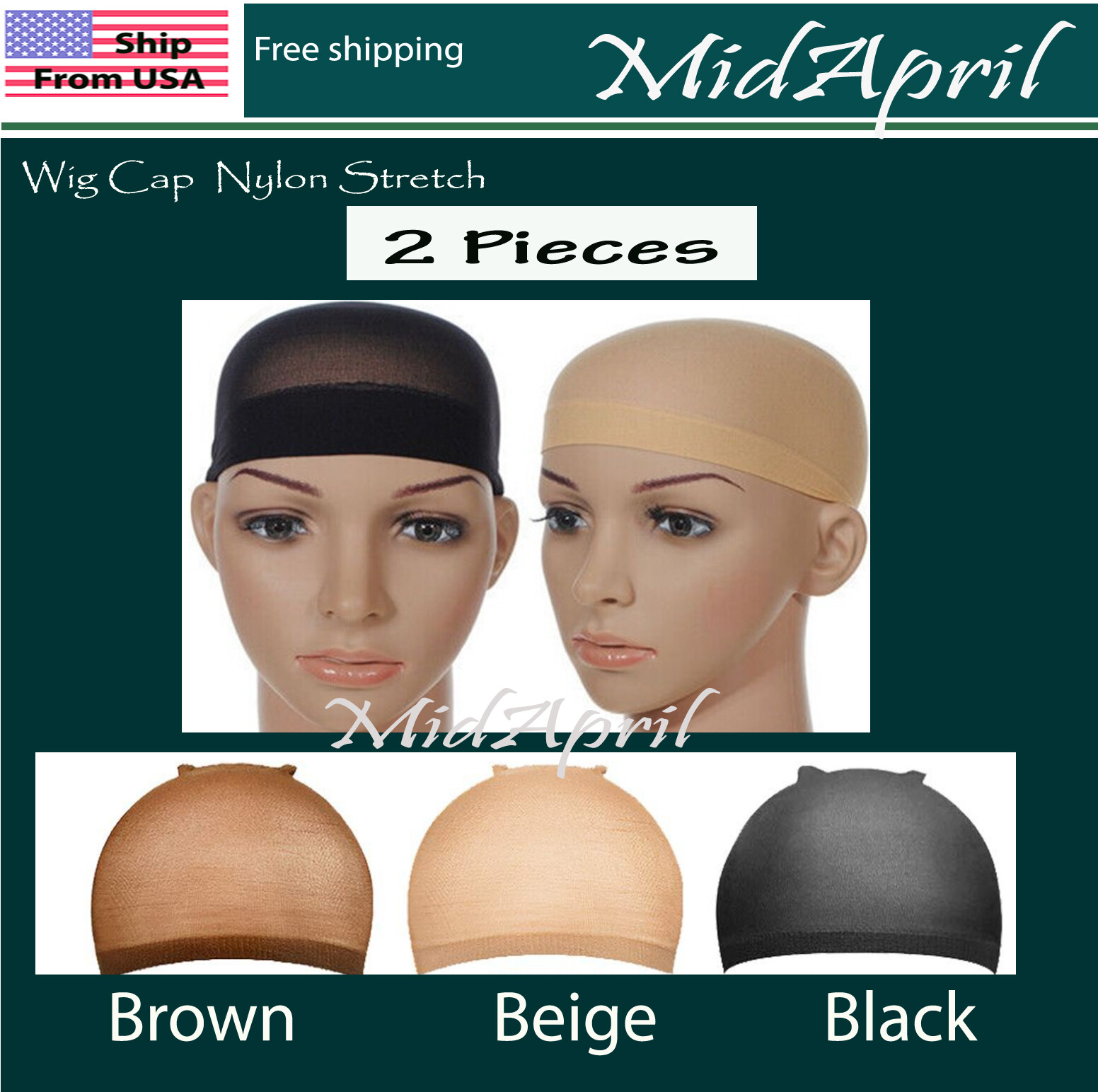 2 PCS Wig Cap Liner Stocking Cap Nylon Stretch Black brown Beige