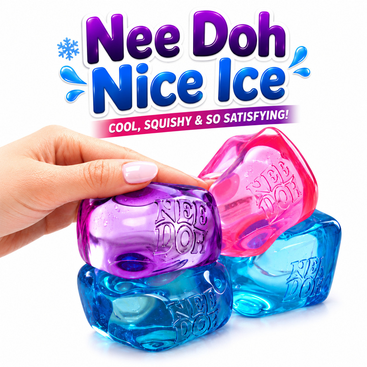 Nee Doh Nice Ice Baby Super Solid Squish Cube Set 4 Pack Pink/Blue/Purple