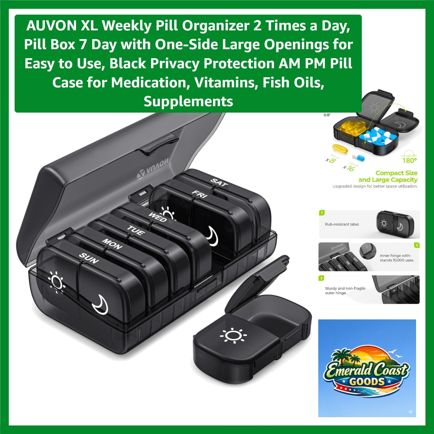 Portable XL Pill Organizer – 2 Times a Day with Privacy Protection in Black
