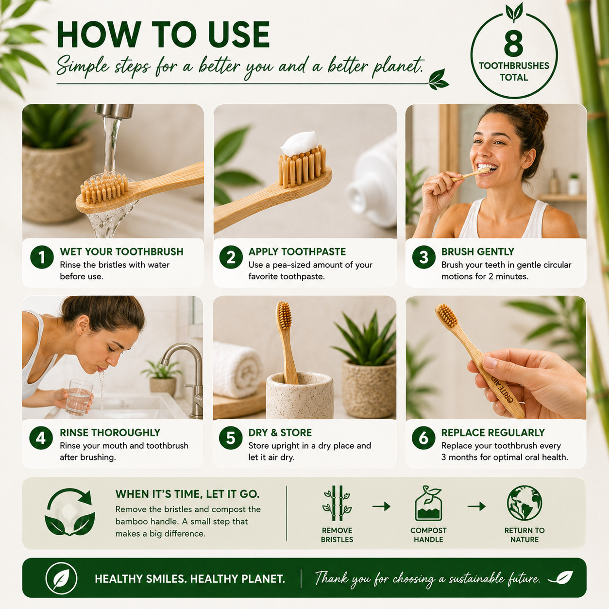 Natural Bamboo Toothbrush Set 8 Pack BPA Free Gentle Bristles Adult Oral Care