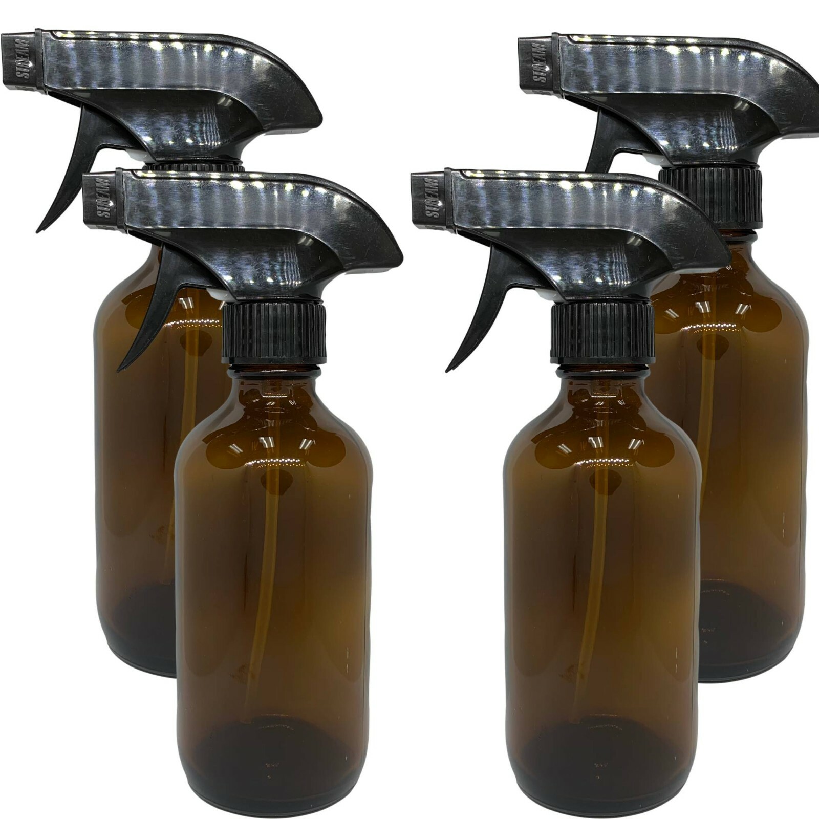 8oz Amber Glass Bottles with Black Trigger Sprayers – Pack of 4
