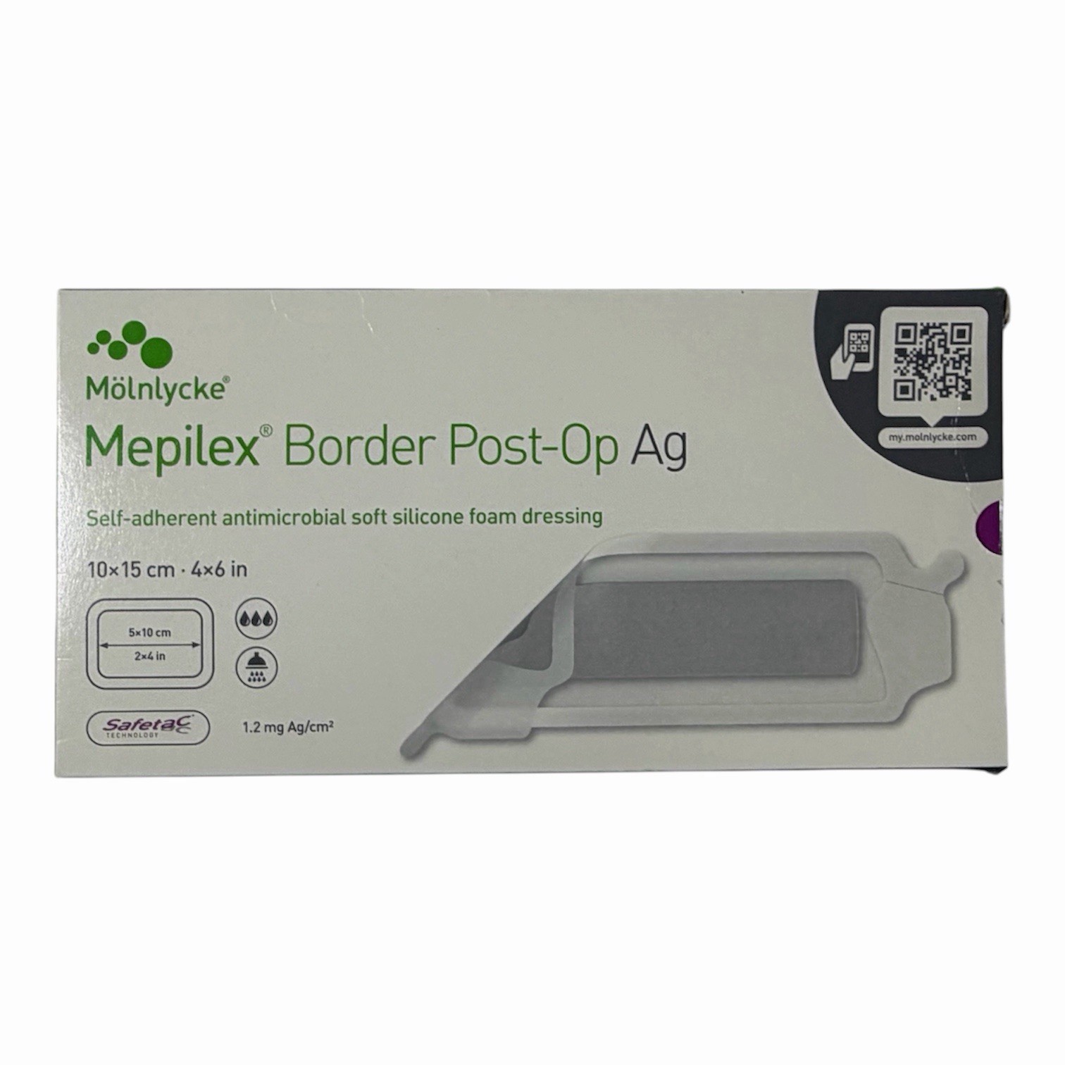 Mepilex Border Post-Op Ag 4×6 in 10×15 cm Antimicrobial Foam Dressing 498300 Box