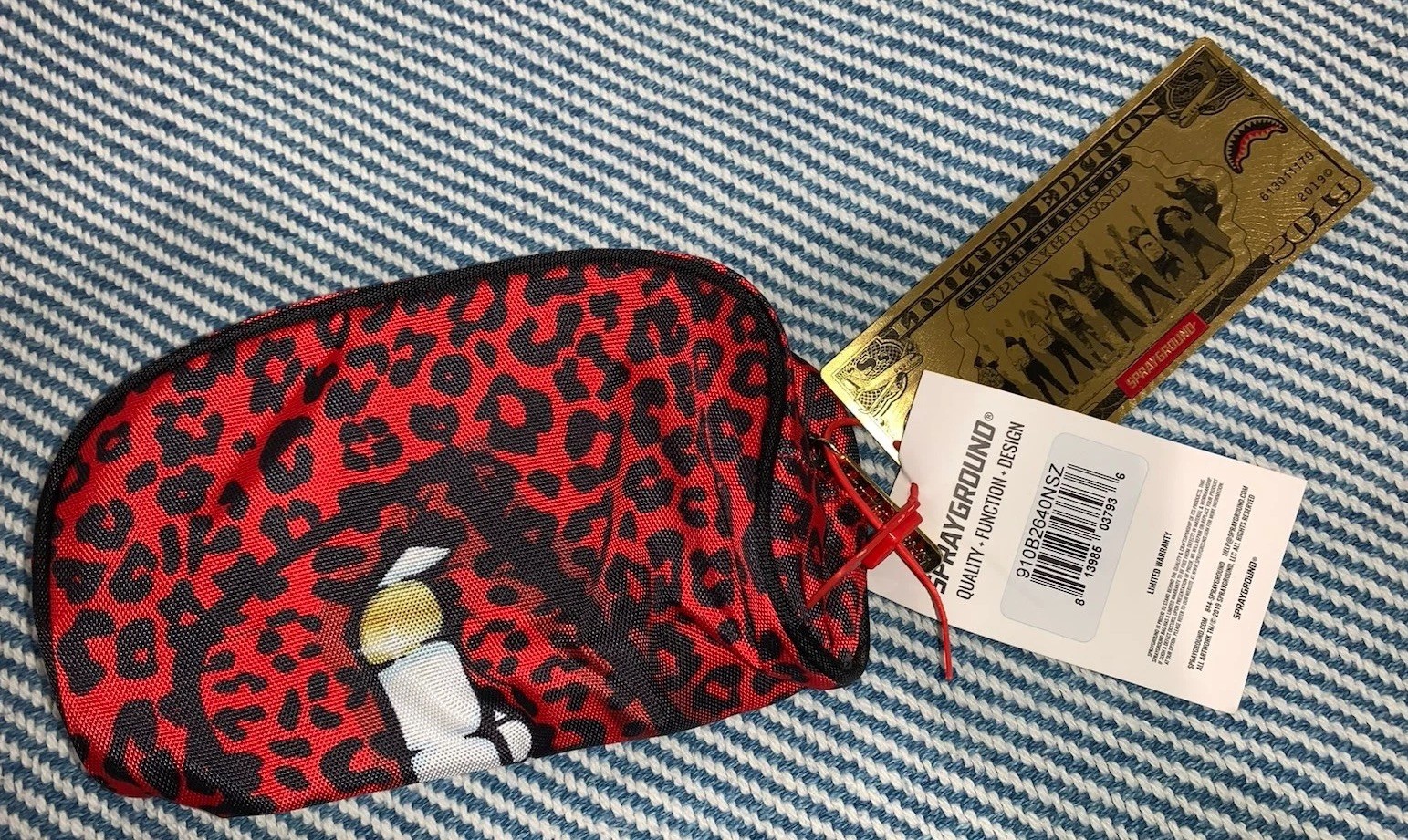 New! SPRAYGROUND Red ANIMAL PRINT Lips Gold Tooth Pencil Case Cosmetic Bag Ltd