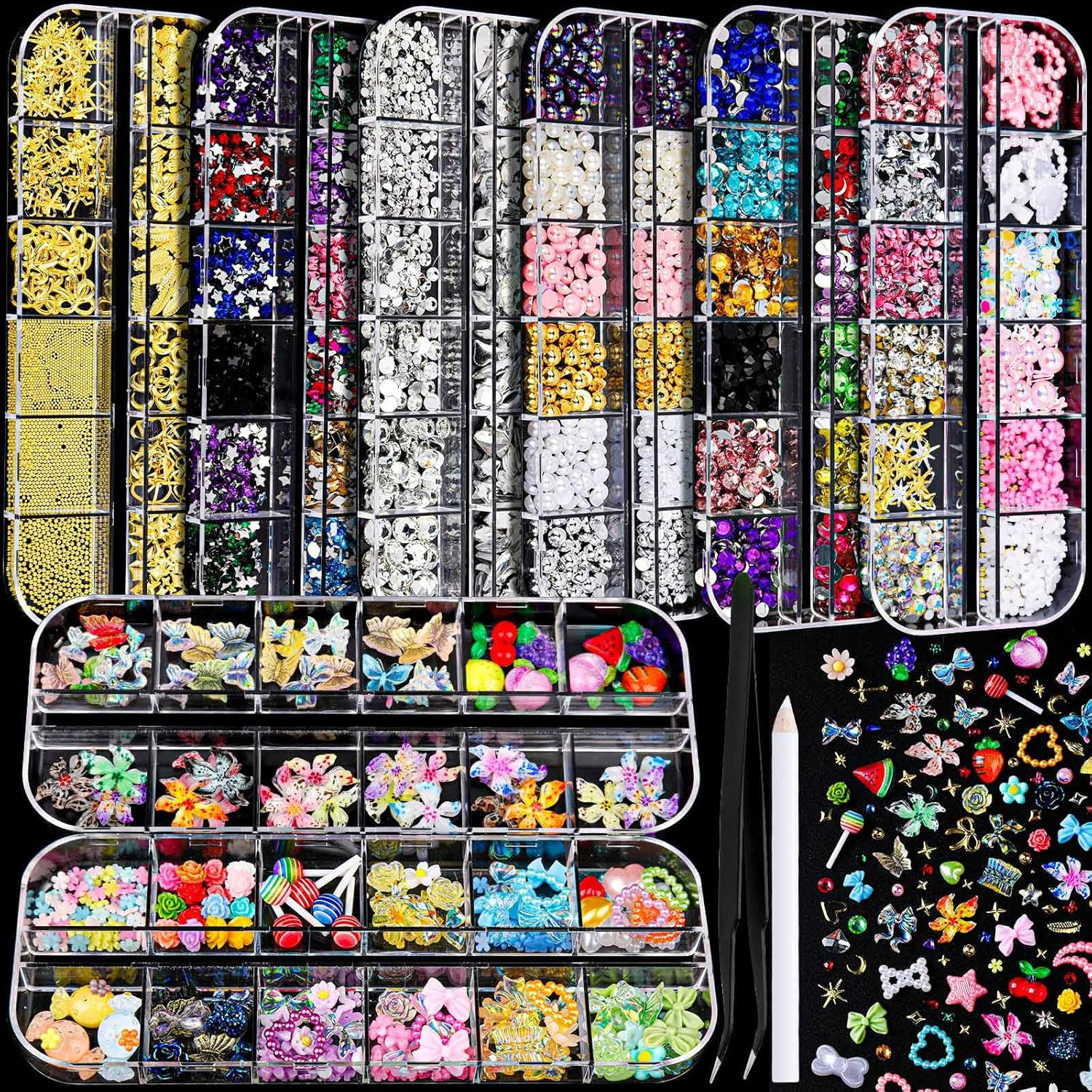 FANDAMEI Nail Charms and Gems, 8 Boxes Nail Art Kit for Design, Multi-Shape Rhin