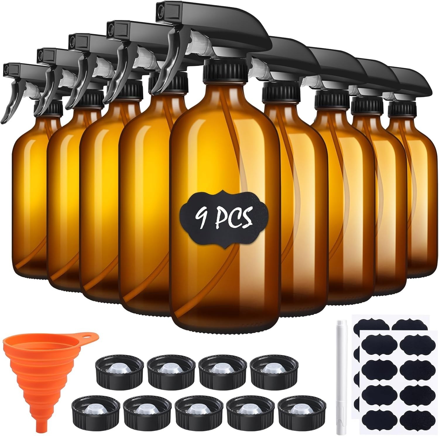 Versatile 9 Pack Amber Glass Spray Bottles – Perfect for Cleaning & Aromatherapy