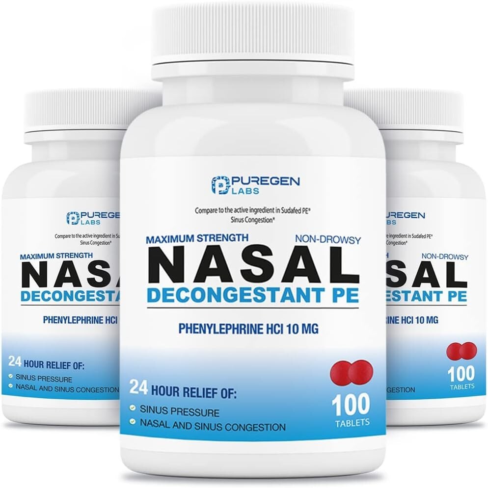 Puregen Labs Nasal Decongestant PE Phenylephrine HCl 10 mg 3 Pack – 300 Tablets