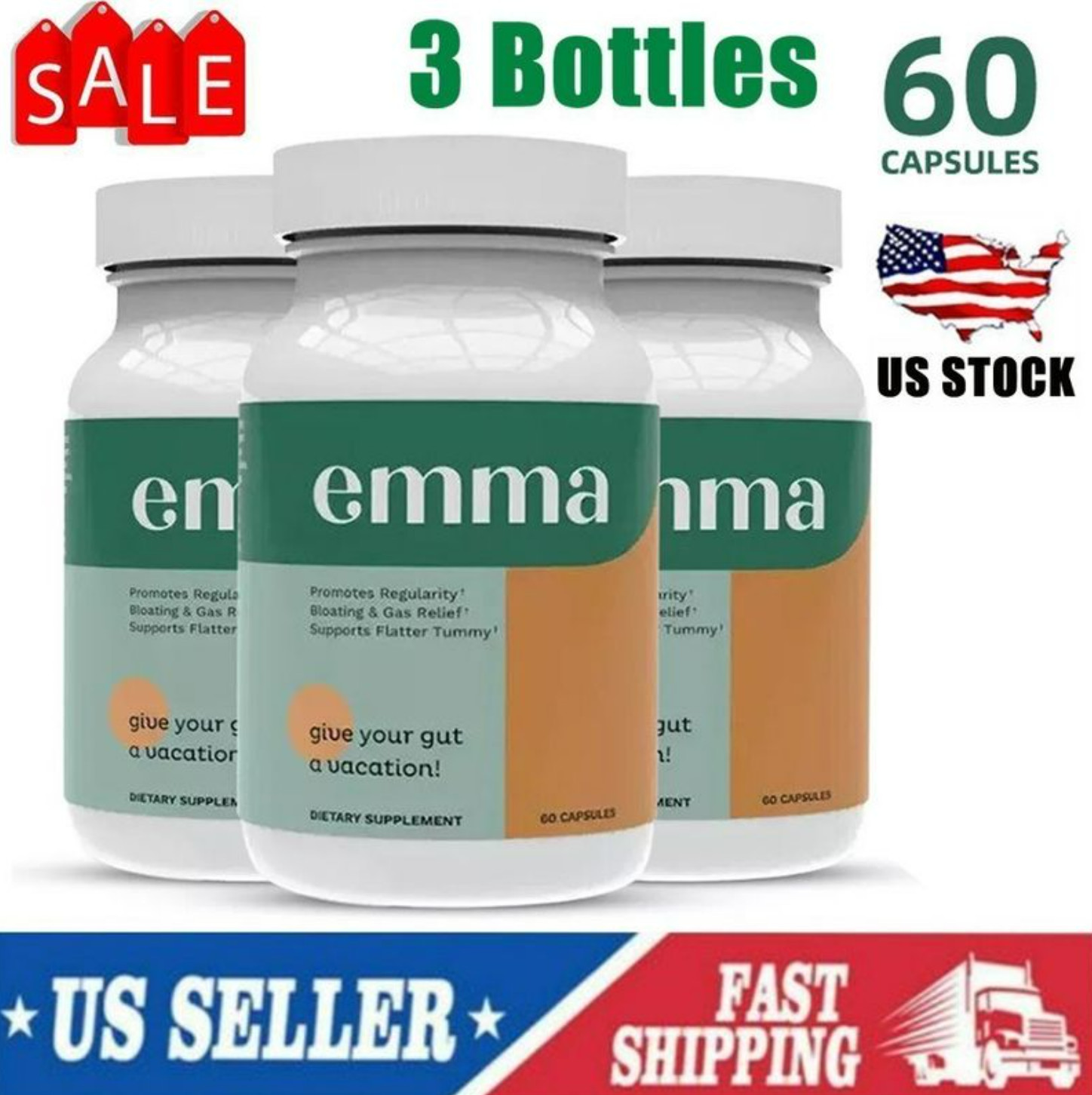 Emma 3 Pack Gut Health Supplement 180 Capsules, Bloating Relief & Leaky Gut