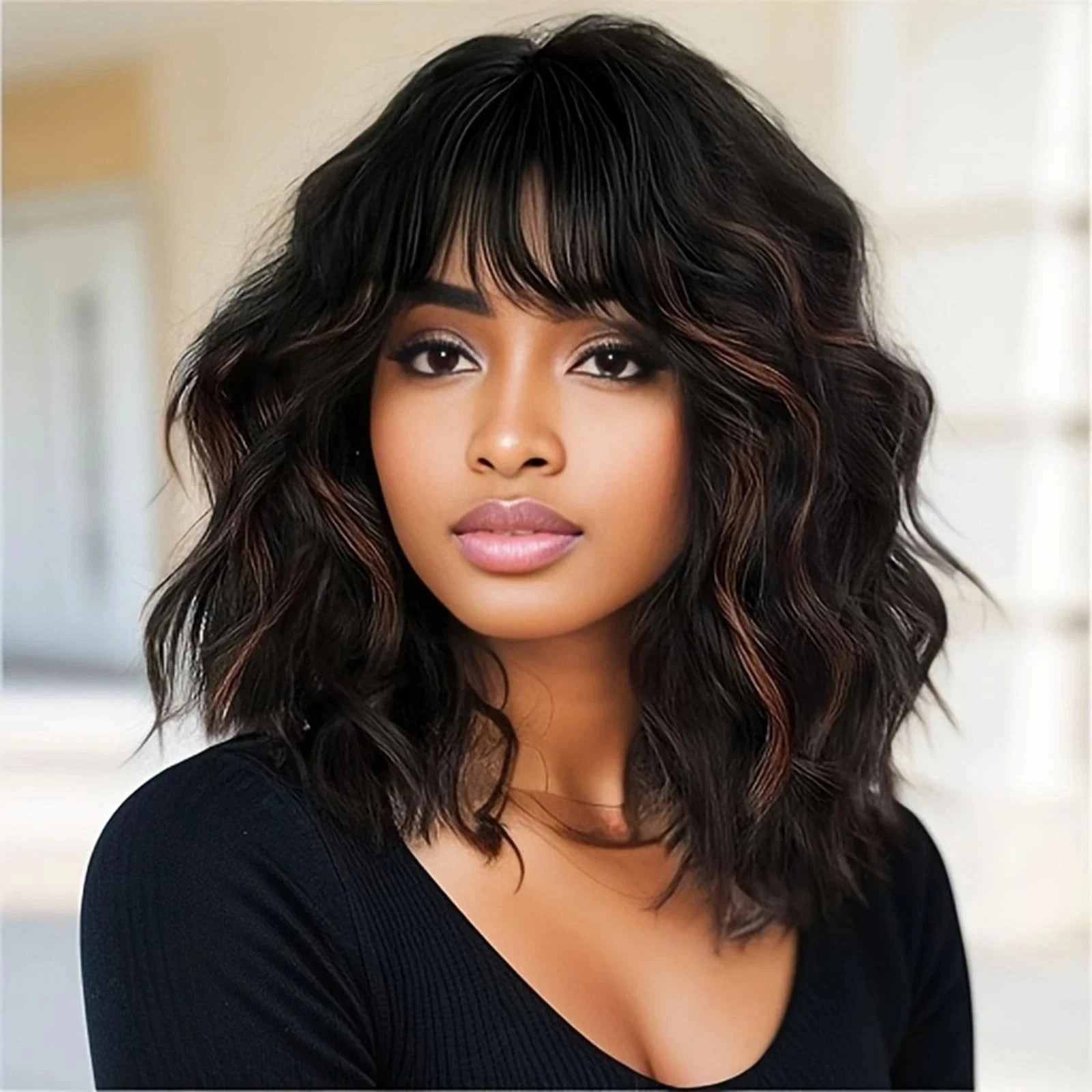 Real Human Hair New Fashion Gorgeous Long Dark Brown Wavy Women’s Wigs 14InRe