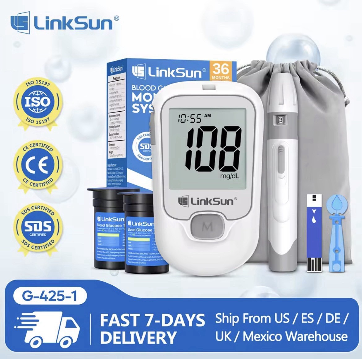 LinkSun G-425-1 No Coding Blood Glucose Meter Kit 50 Strips 50 Lancet And Device