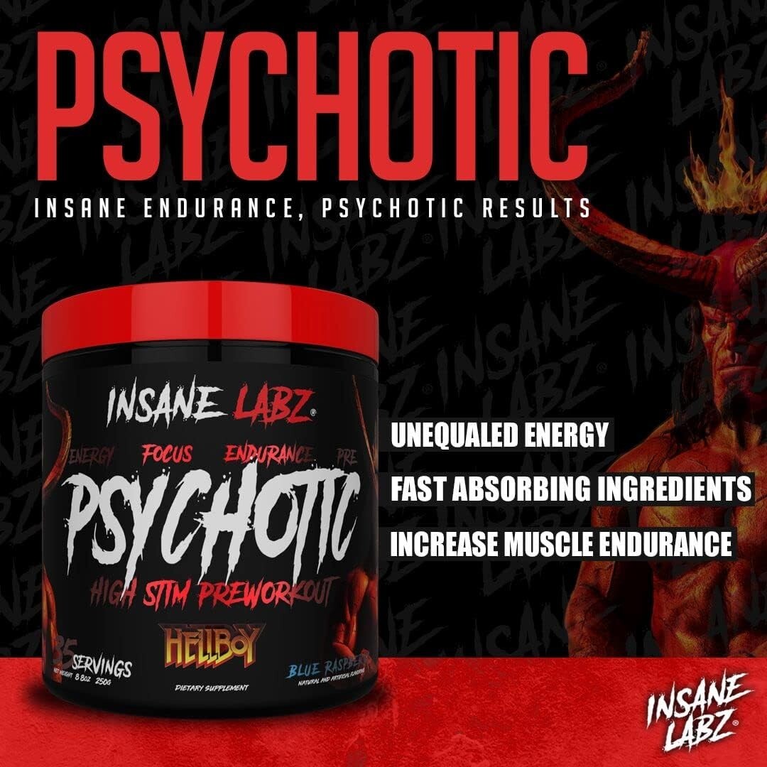 Hellboy Psychotic Pre Workout Powder Blue Raspberry 35 Servings Energy Focus