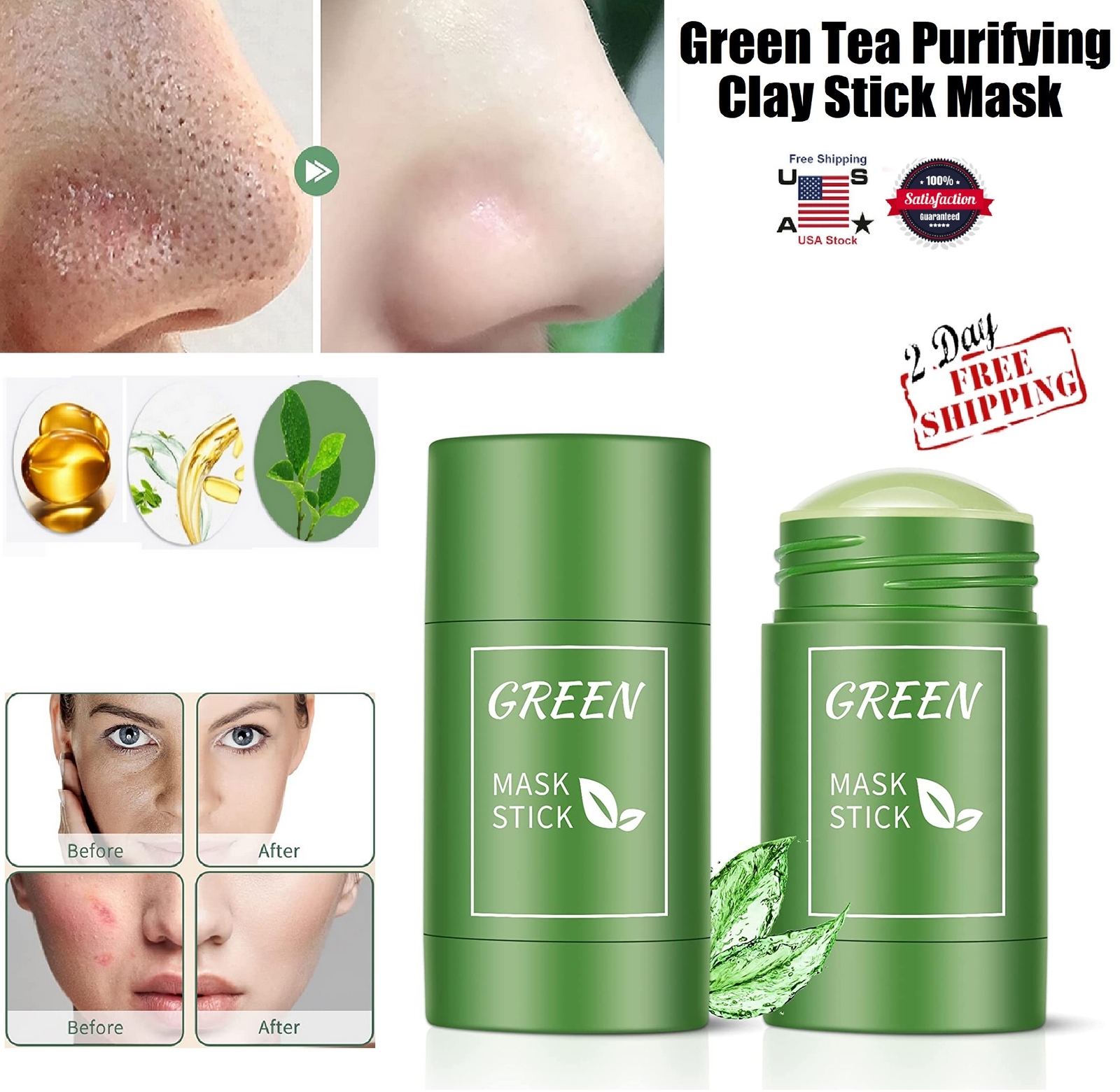 4 × Green Tea Purifying Clay Stick Mask for Deep Clean Pore Blackhead Remover US