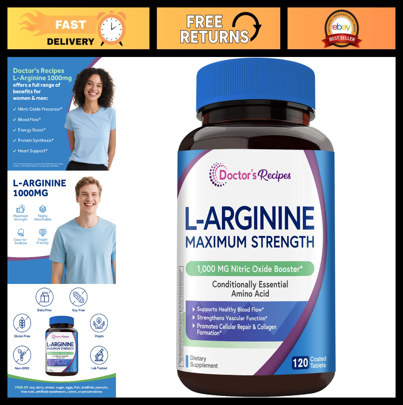 L-Arginine 1000mg – Nitric Oxide Booster, Blood Flow Support, Endurance, 120 Tab