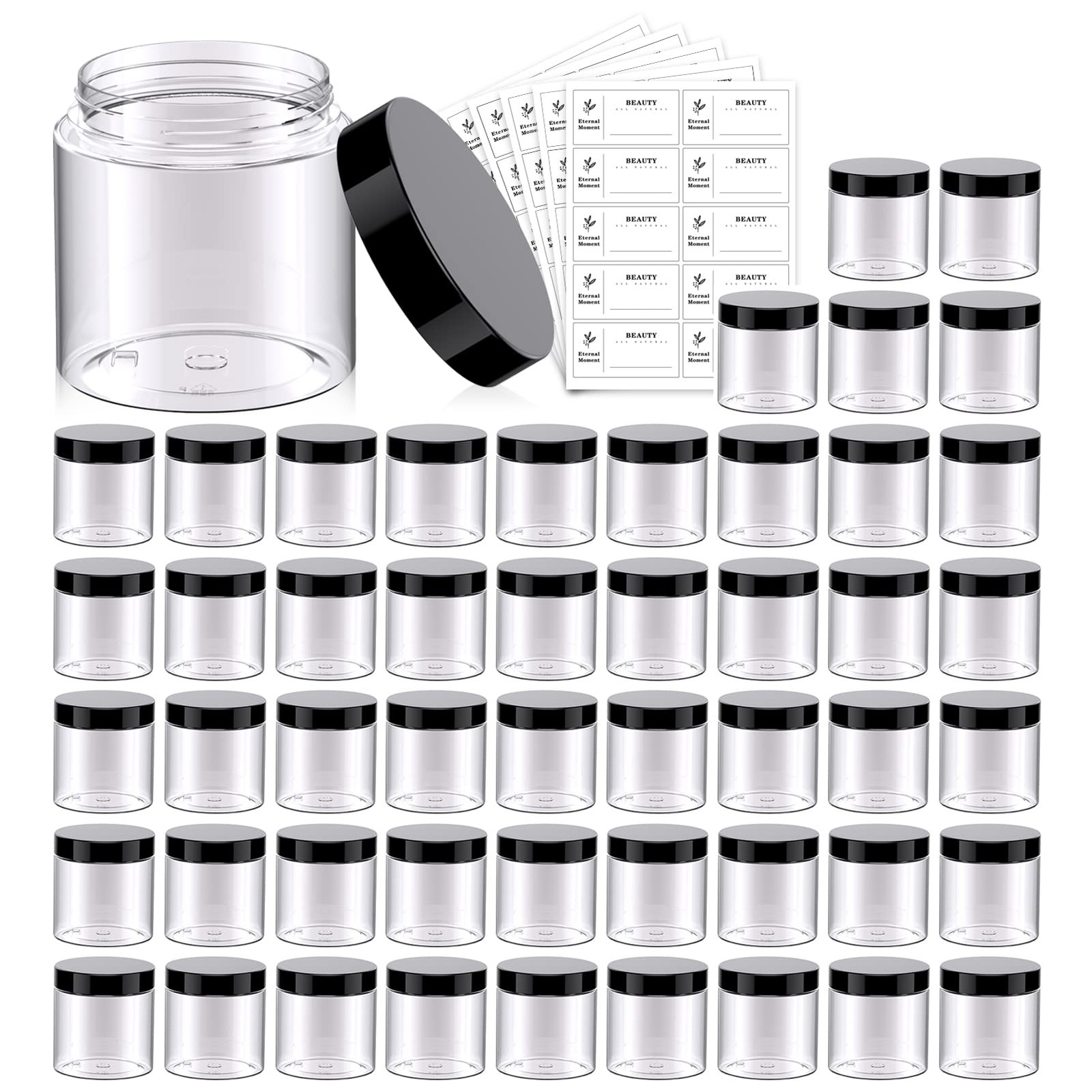 50 Pack 4 OZ Plastic Jars Round Clear Cosmetic Container with Black Lids, Sli…