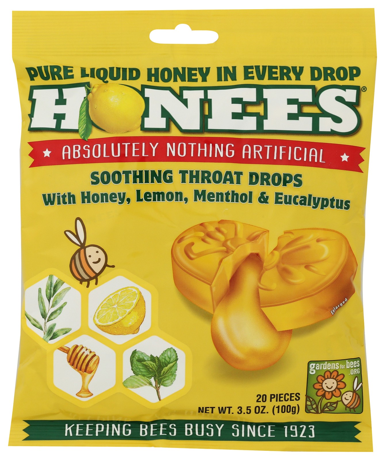 Honees Soothing Throat Drops Honey Lemon Menthol Eucalyptus 20 Pieces Ct 1 Pack