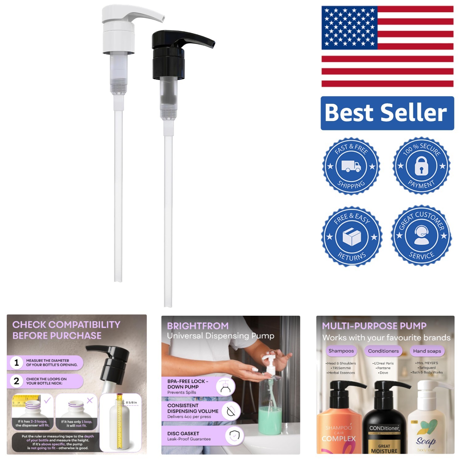 BPA-Free Universal Dispensing Pumps – Ideal for 12oz to 33.8oz Bottles, 2 Pack