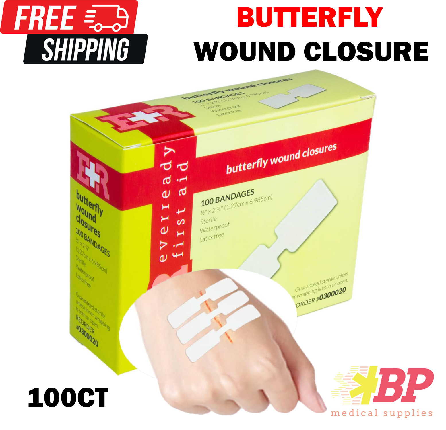 Ever Ready First Aid Sterile Butterfly Wound Closure Individually Packed – 100CT