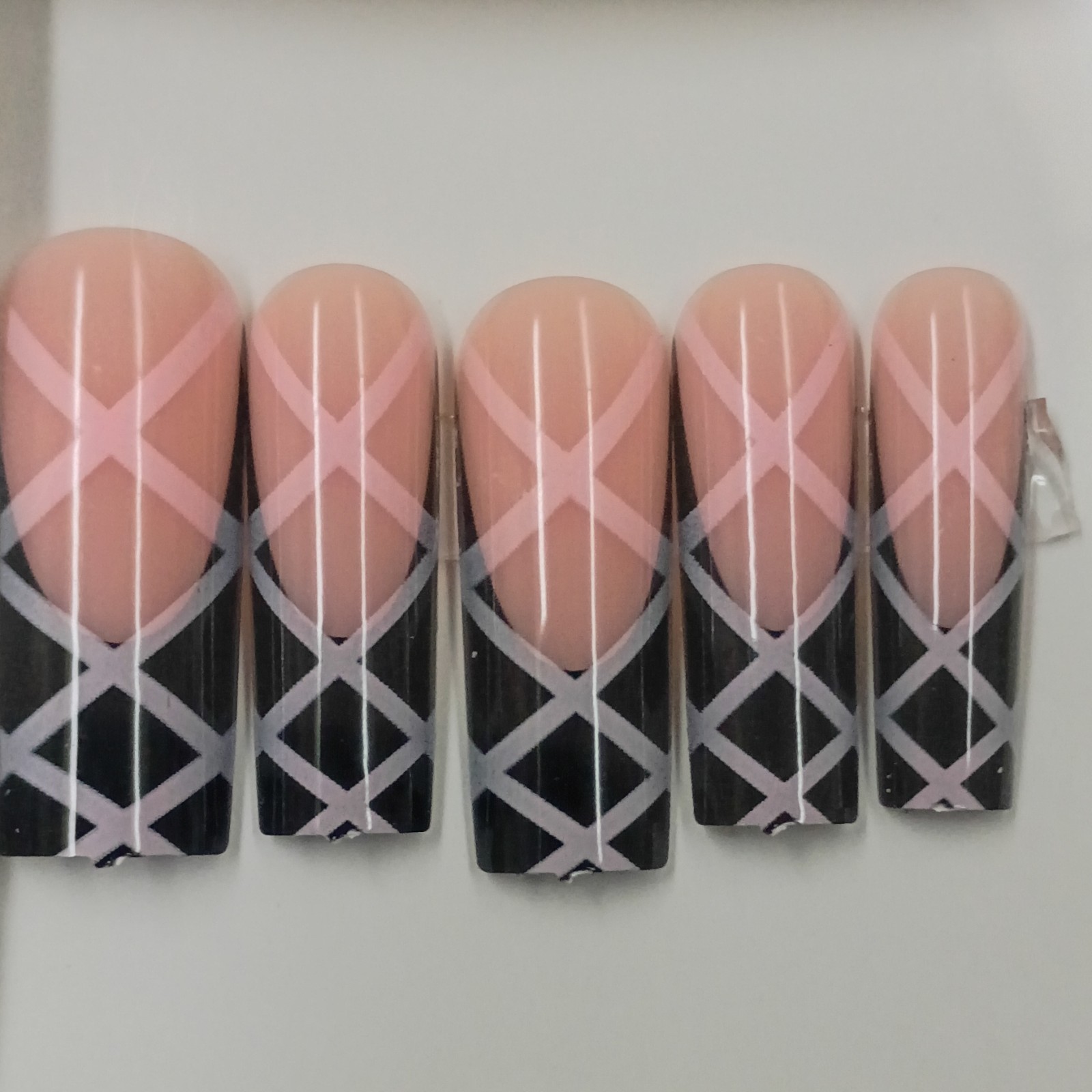 Press-On Nails Long Coffin Pink Black White Shiny Acrylic Full Cover Geometric