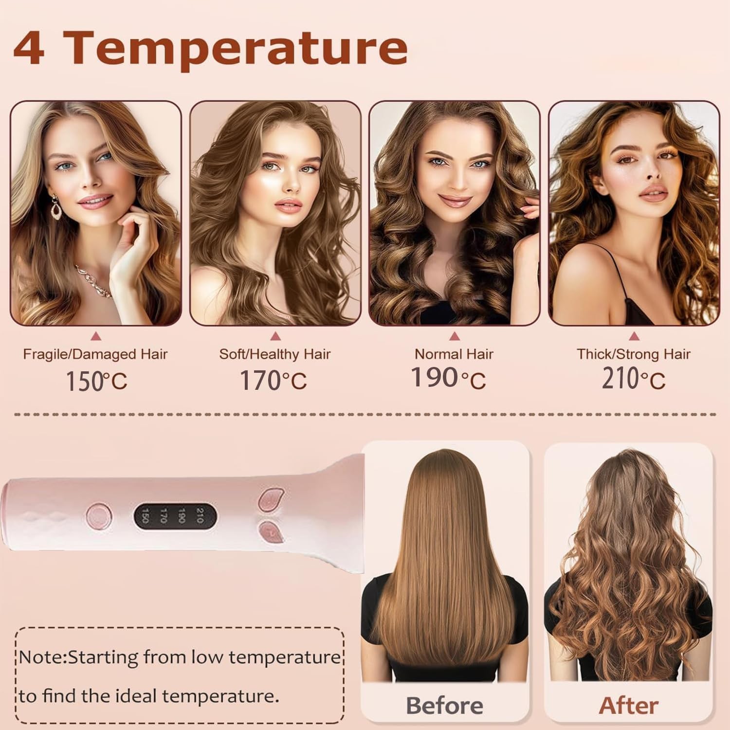 Rotating Curling Iron Automatic with 4 Temperature 3 Timer for Hair Pink Curling