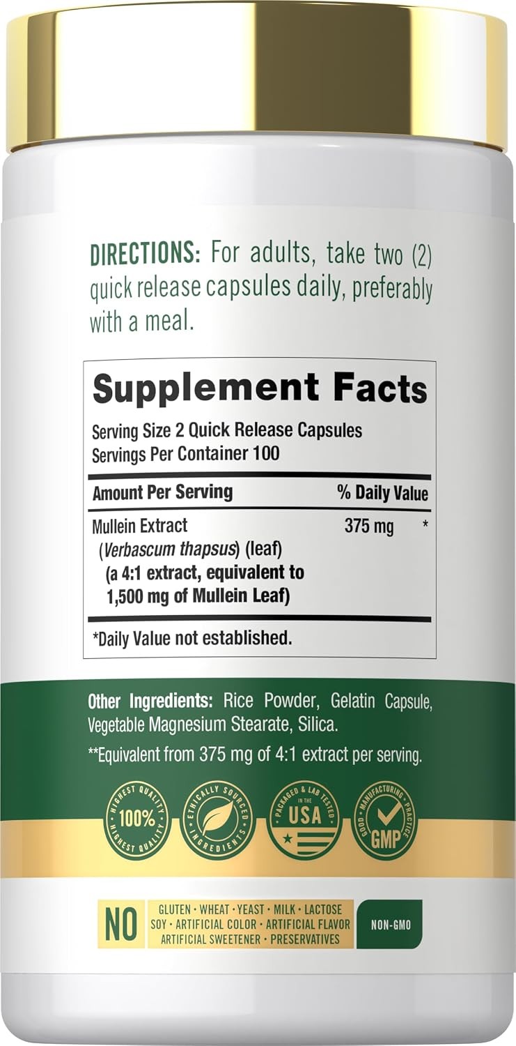 Mullein Leaf Capsules 1500mg | 200 Count | Verbascum Thapsus | by Carlyle