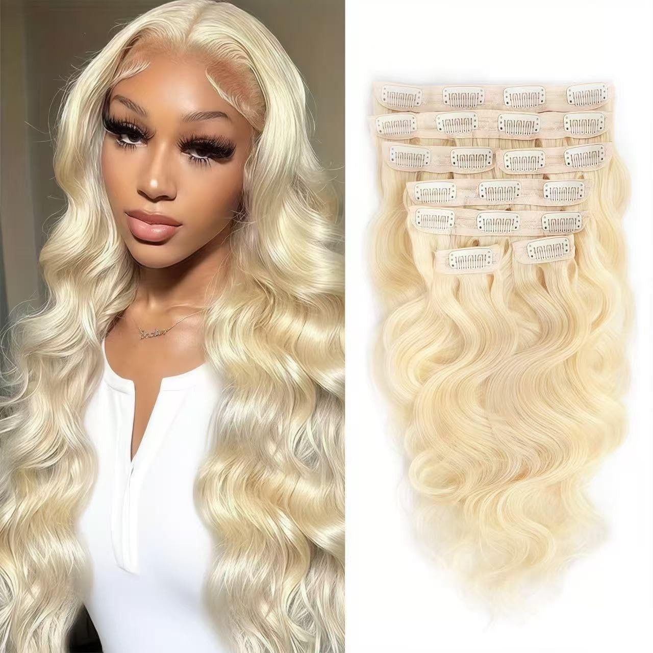 CALNESHIA Clip-in Hair Extensions 28″ Blonde Body Wave 8pcs 100% Brazilian Remy