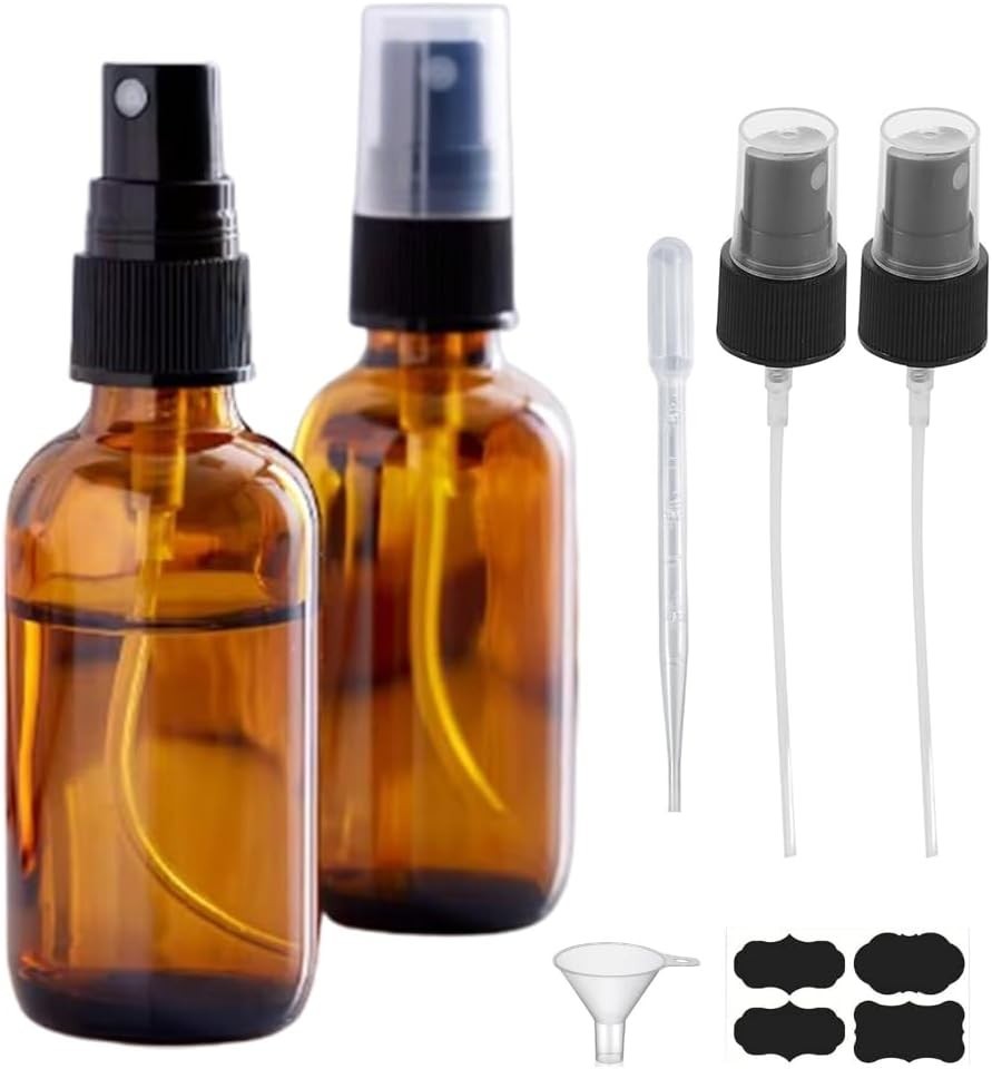 Versatile 2oz Amber Spray Bottles – Fine Mist Design with Labels & Accessories