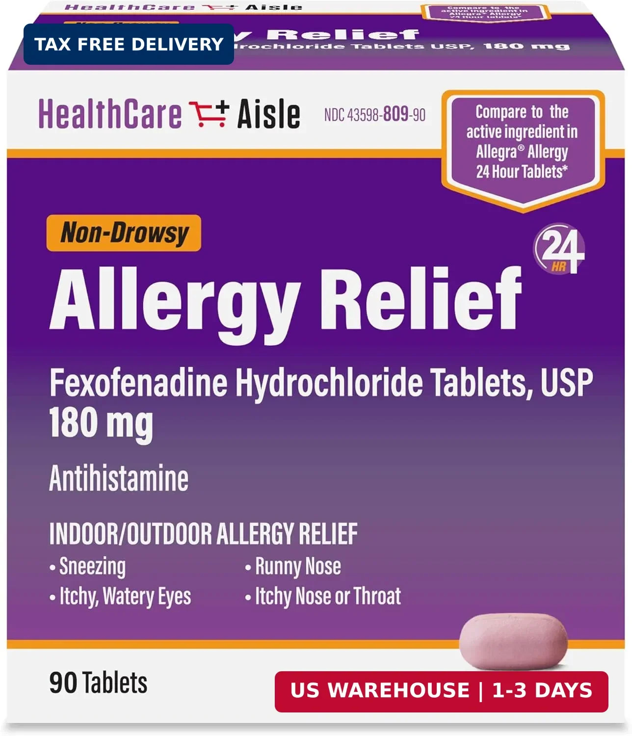 HealthCareAisle Allergy Relief – Fexofenadine Hydrochloride Tablets USP, 180 mg,