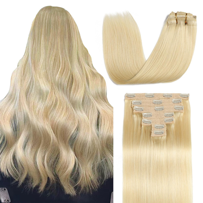 Sisily Clip In Hair Extensions Real Human Hair 22 Inch 120G Bleach Blonde 100