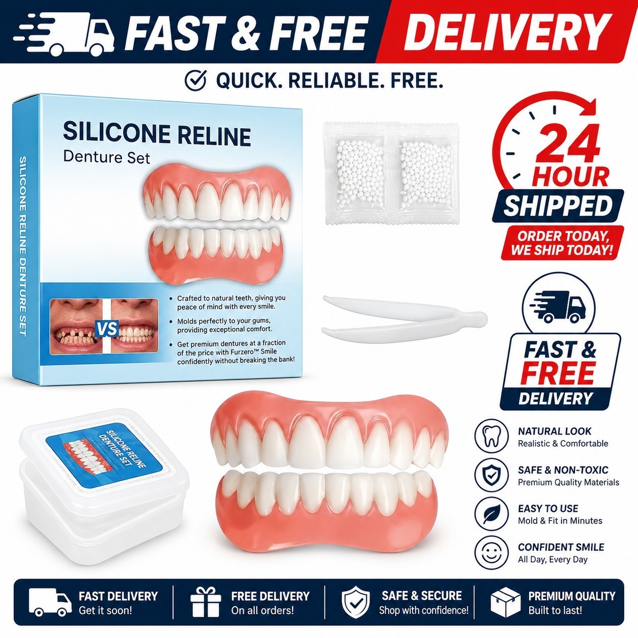 Moldable False Teeth, Dentures for Women and Men, Upper and Lower Silicone Dentu