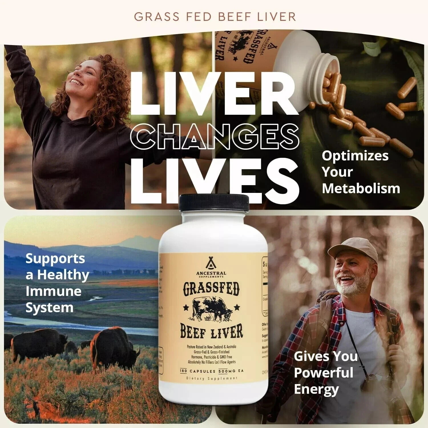 Grass Fed Beef Liver Supplement Endurance Strong Bones Vibrant Skin 180 Capsules