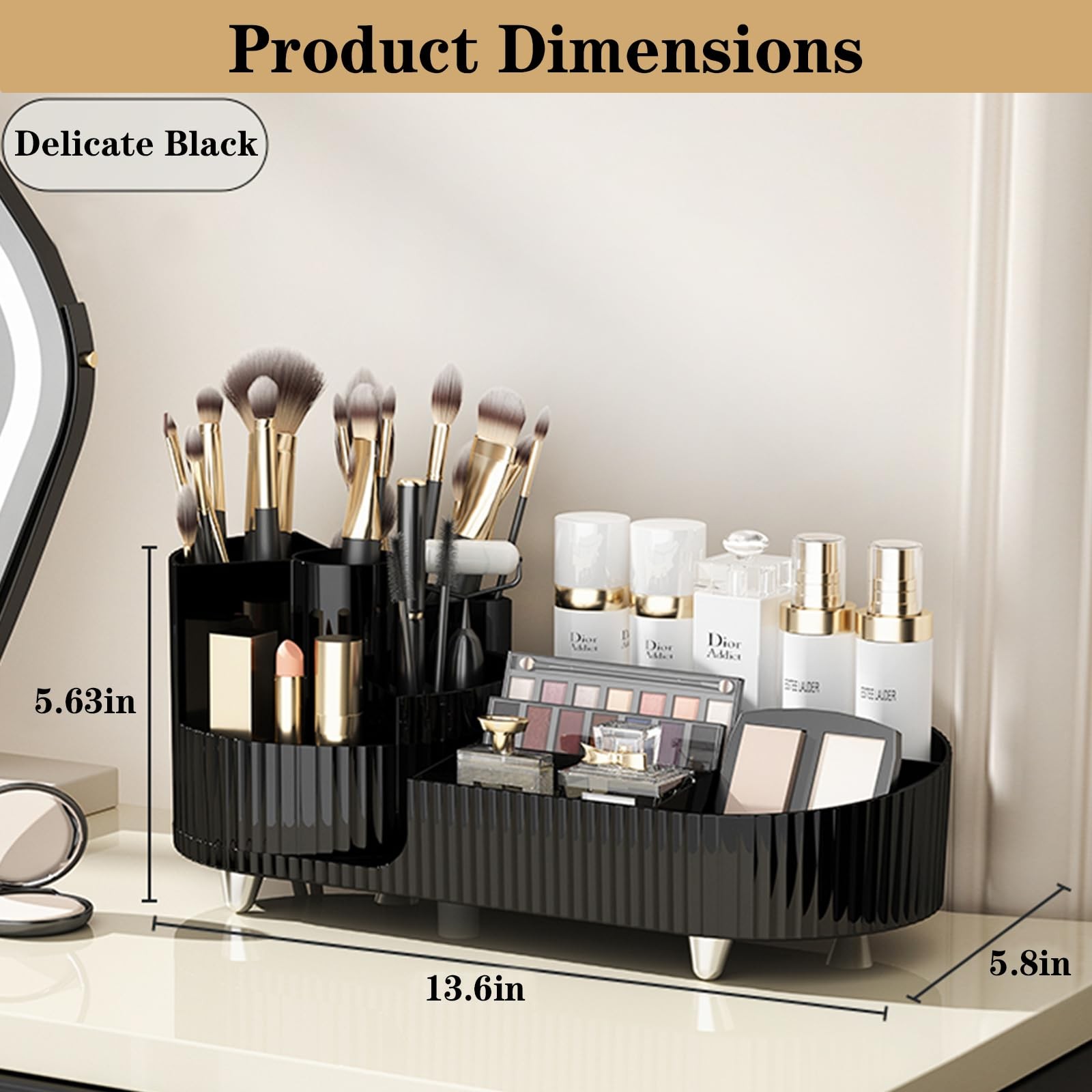 Rotating Makeup Organizer for Vanity with Brush Holder, Cosmetic Black
