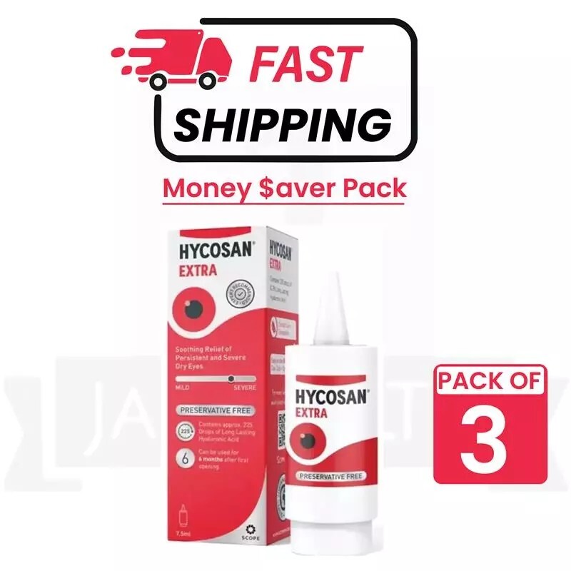 3 x HYCO-SAN – Extra Preservative Free Lubricating Eye Drops 7.5ml PACK OF 3