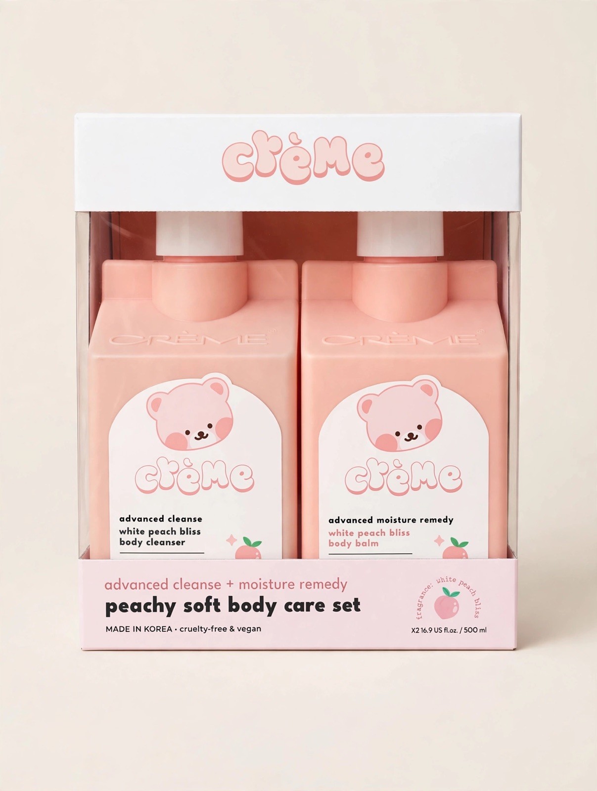 New-The Creme Shop-Peachy Body Care Set-Pump-Cleanser & Body Balm 2-16.9 fl oz