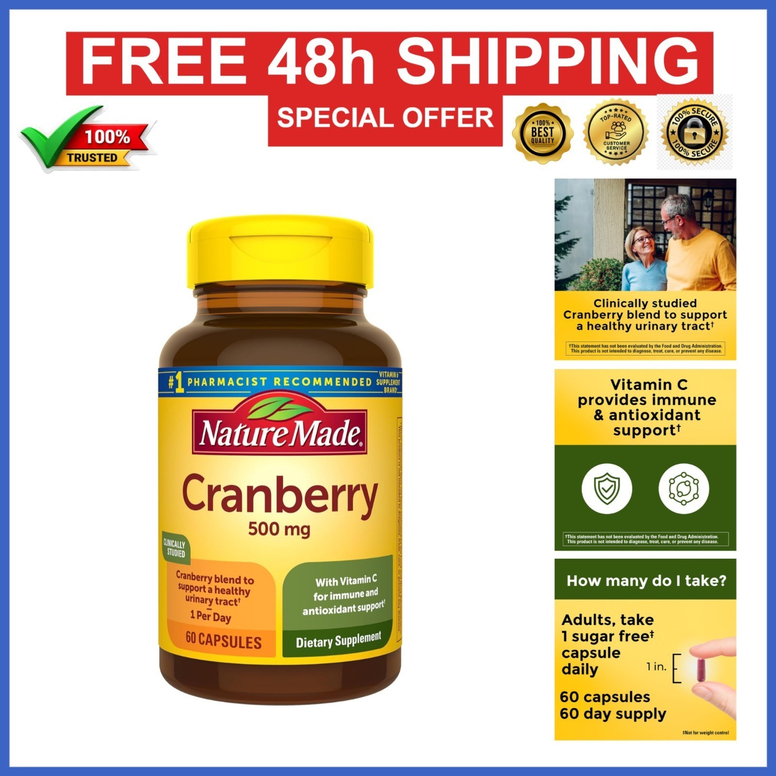 Nature Made Cranberry Supplement 500mg with Vitamin C – 60 Capsules