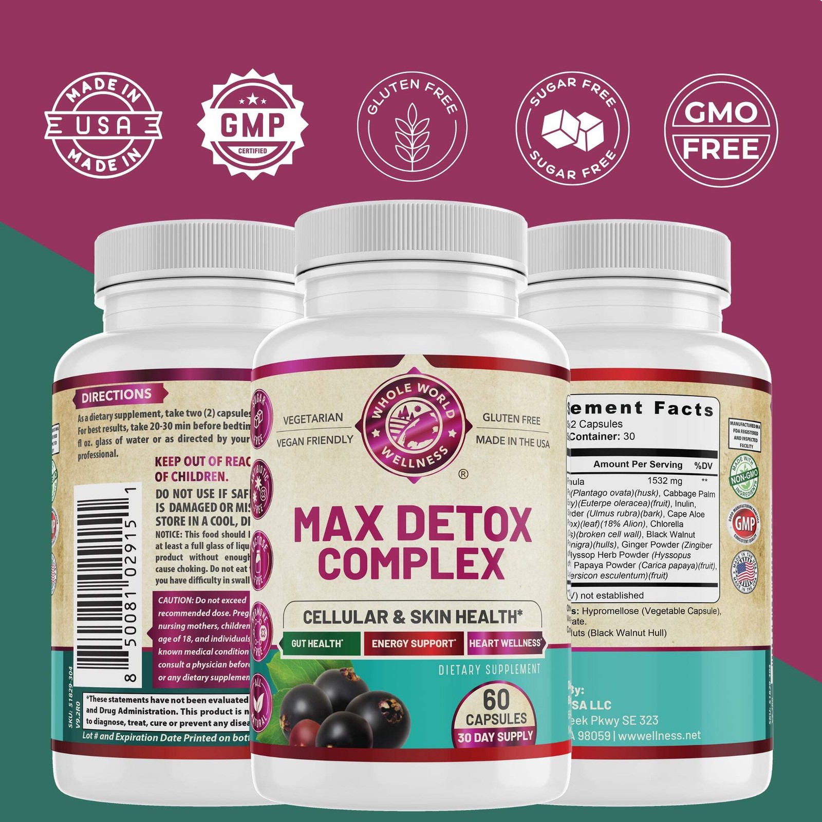 Max Detox Complex for Women & Men. Supports Gut & Heart Health. USA Made.
