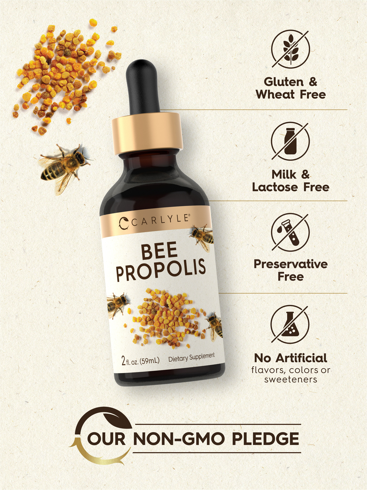 Bee Propolis Liquid Drops | 2 Fl Oz Tincture | Non-GMO, Gluten Free | by Carlyle