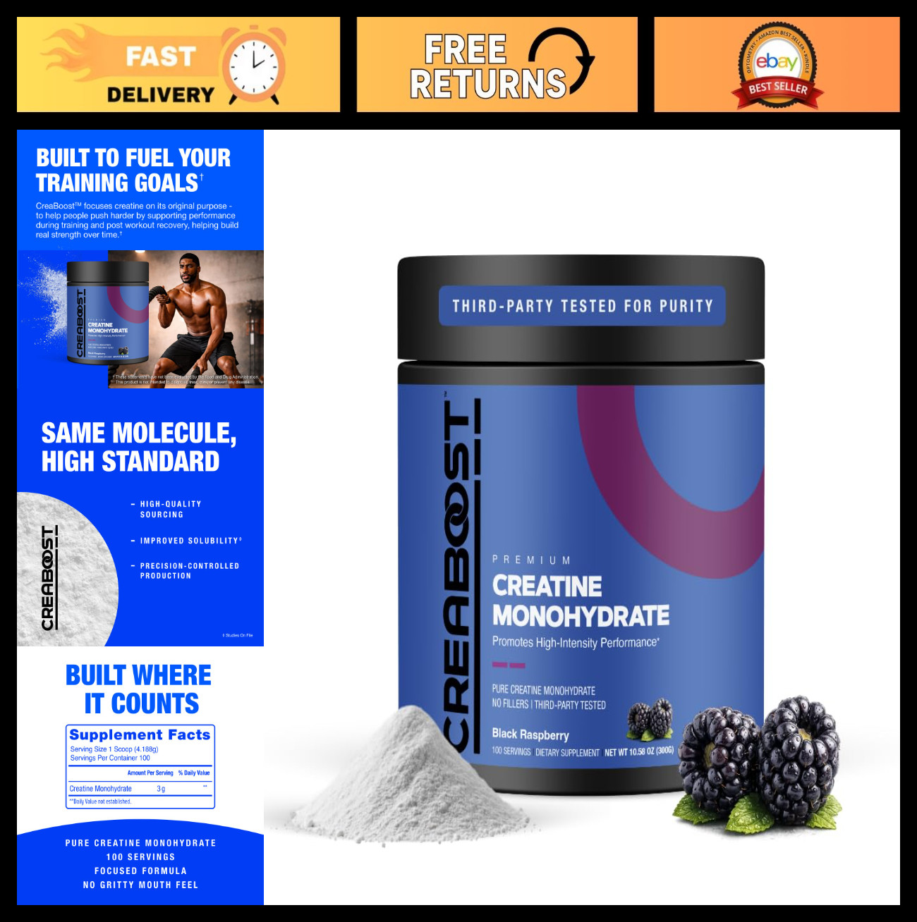 Pure Creatine Monohydrate Powder – Black Raspberry Flavor, Muscle Growth & Energ