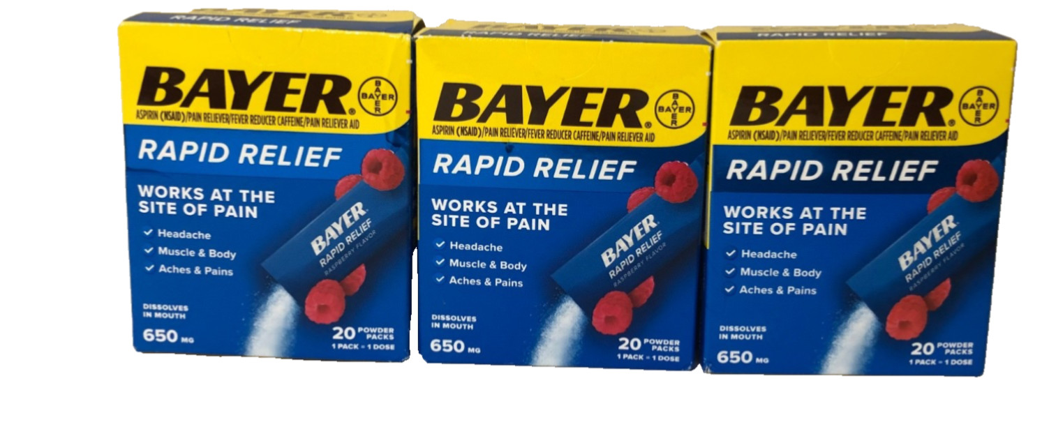 Lot Of 3 Boxes Bayer Rapid Relief 650mg Raspberry Packets/20 Each EXP May 2027