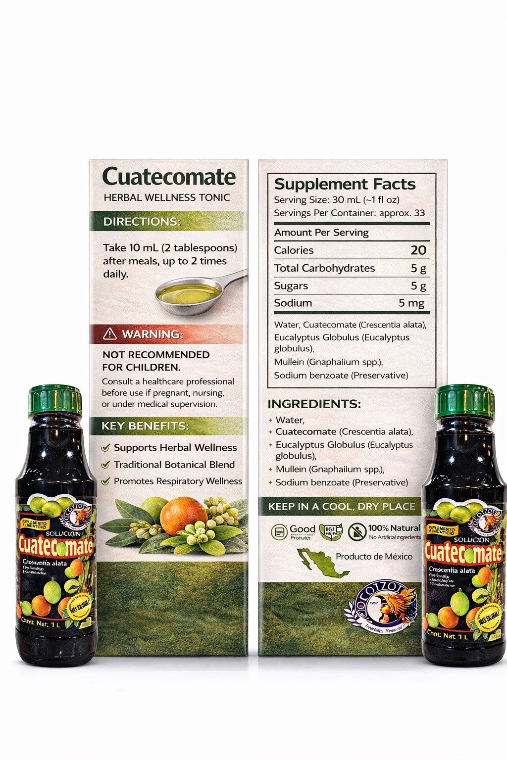 2-OCOTZOTL~CUATECOMATE, EUCALYPTUS, MULLEIN, RESPIRATORY WELLNESS, TONIC~ 1L ea.