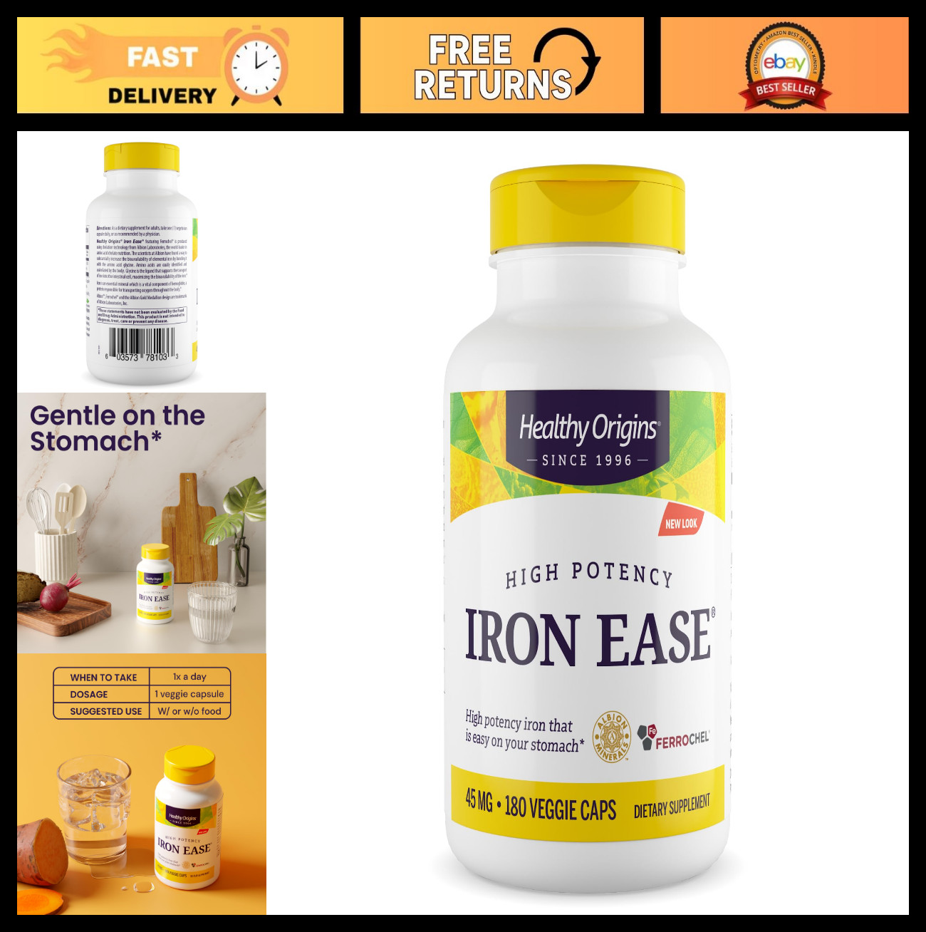 Iron Supplement 45 mg Ferrochel – 180 Veggie Capsules for Energy & Wellness