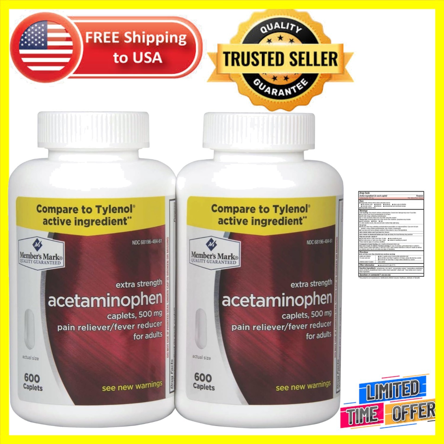 Twin Pack Acetaminophen 500mg – 1200 Count Caplets for Fever & Pain Relief
