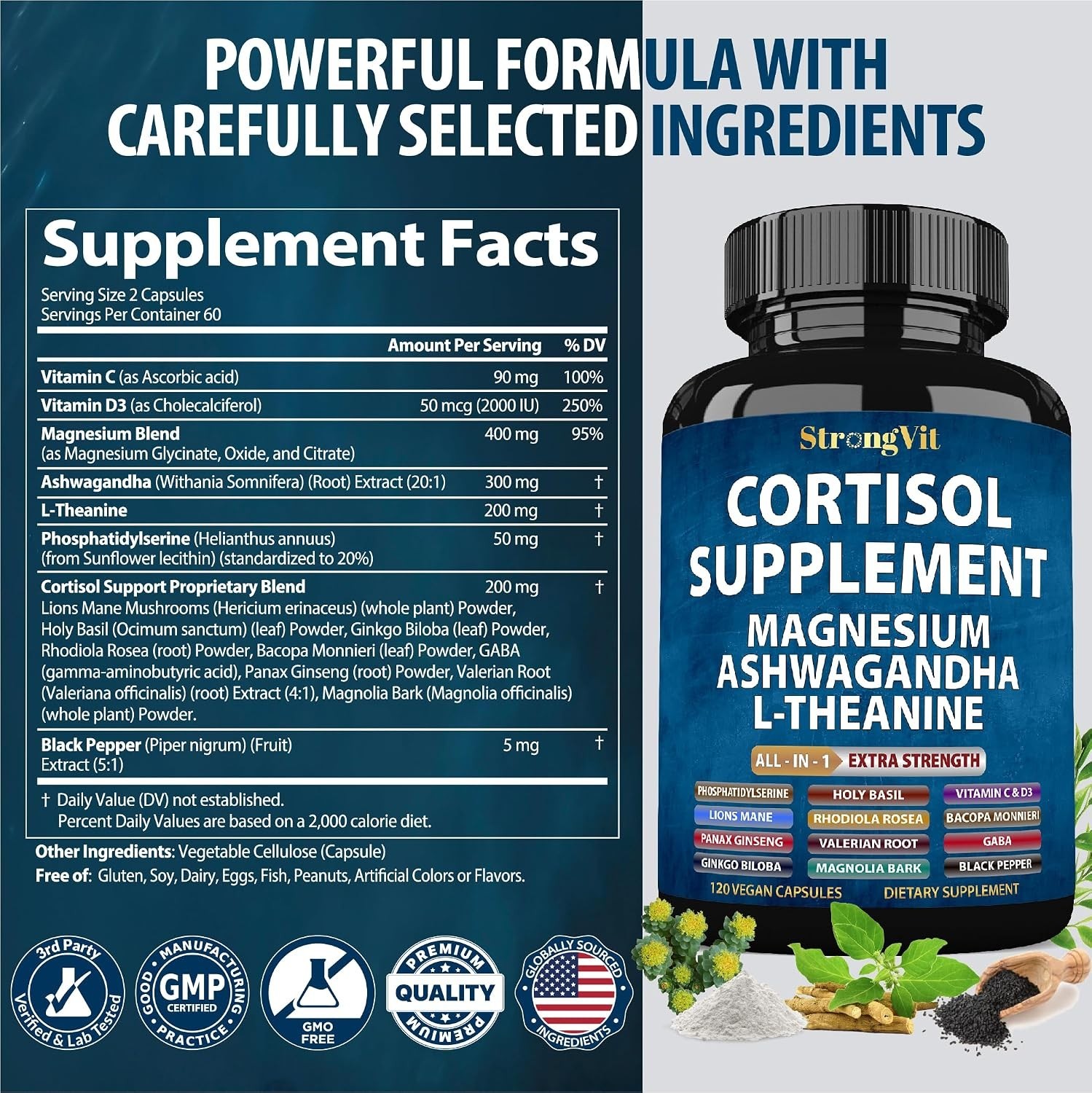 Holistic Cortisol Reducer with Magnesium, Ashwagandha & L-Theanine – 120 Count